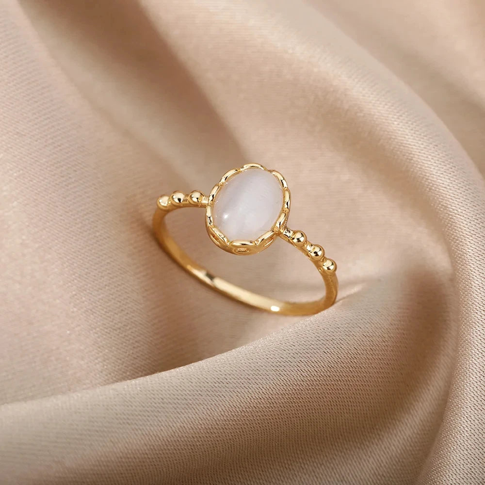 Fashion White Opal Rings For Women Gold Color Stainless Steel Opal Ring Wedding Engagement Jewelry Birthday Gift 2024