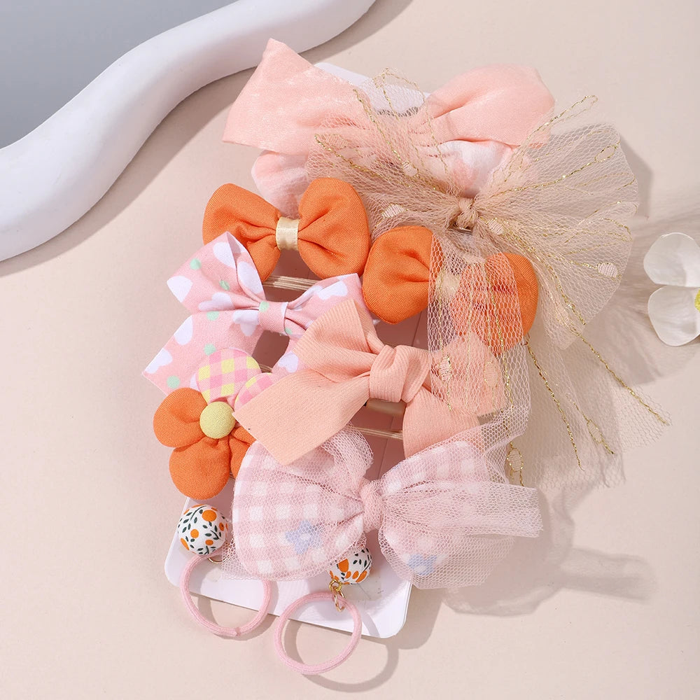 10Pcs Girl Cartoon Hair Band Bow Hair Ties Lovely Colors Flower Ponytail Holder Children Scrunchies Rubber Kids Hair Accessories