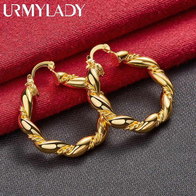 URMYLADY Round Twist Hoop Earrings 24K Gold For Women Charm Wedding Engagement Fashion Party Jewelry