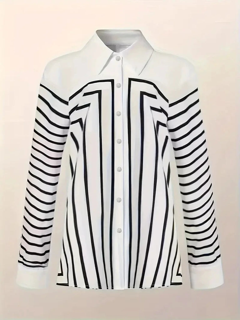 Women's Shirts & Blouses,Elegance Black and White Line Print Button Shirt,2024 Spring & Summer Plus Size Female Clothing Blouses