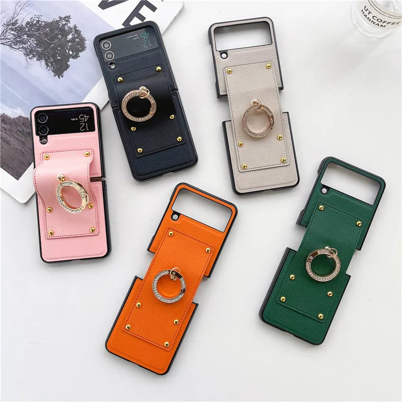 Phone Cases For Samsung Galaxy Z Flip 4 3 2 1 5G PU Leather Hard Plastic Back Cover For Samsung Z Flip4 Flip3 With Ring Buckle