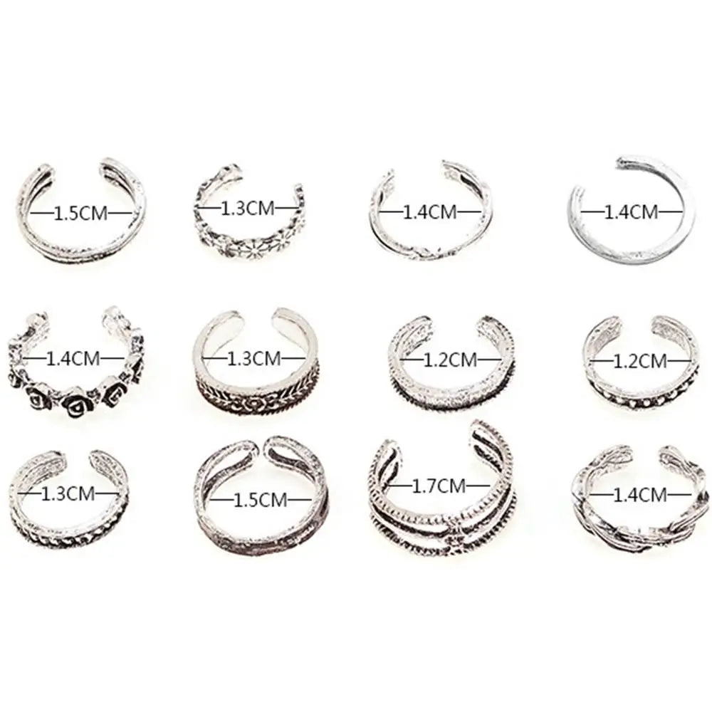 12pcs Summer Toe Rings For Women Outdoor Beach Vacation Open Adjustable Metal Women's Foot Ring Heart Foot Ring Set