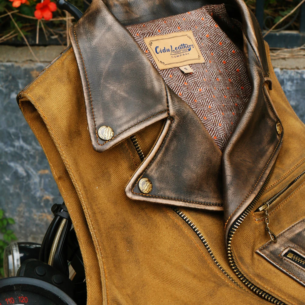 Tailor Brando Authentic! J-151 High Quality Japanese Hyogo Cowhide Stitching 22OZ Oil Qax Canvas Retro Motorcycle Vest