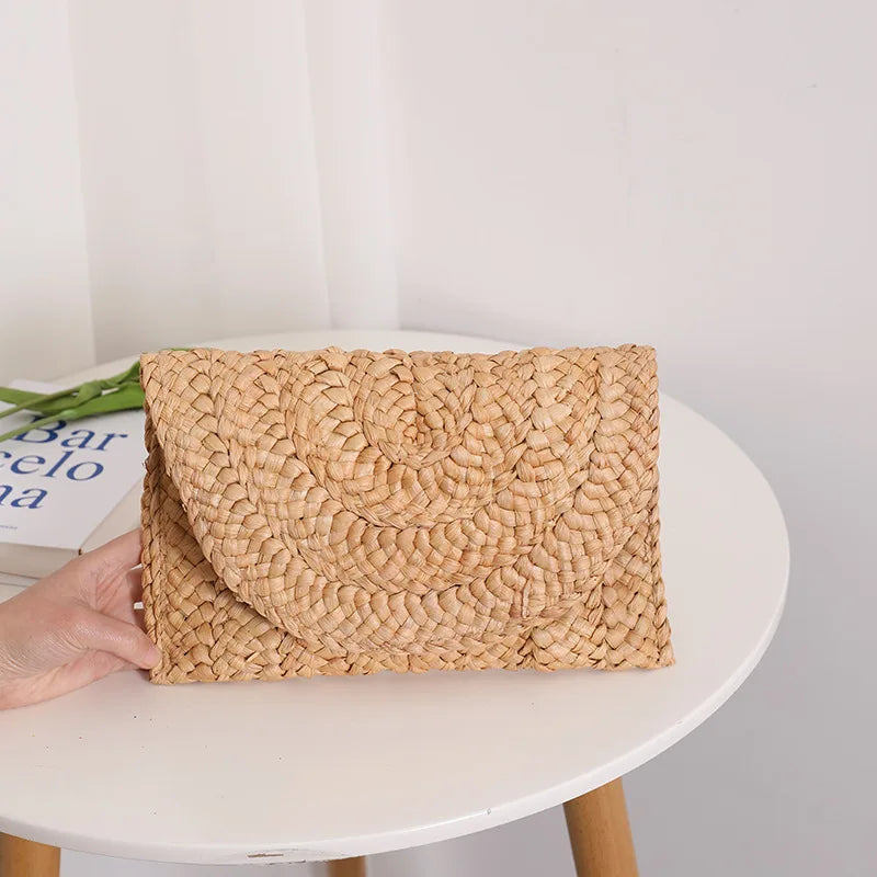 Corn Husk Weave Clutch Bag Women Ladies Fashion Simple Solid Straw Clutch Bag Evening Summer Casual Vacation Large Purse Woman