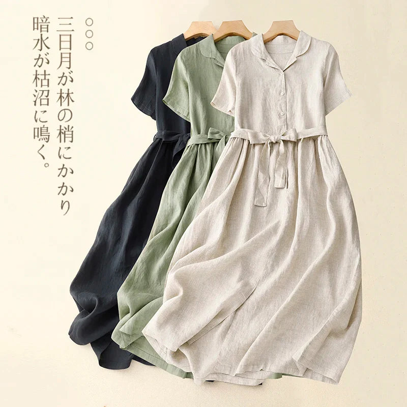 Japanese Style Thin Light Cotton Linen Chic Girl Loose Women Casual Summer Blouse Dress sashes Slim Waist Office Lady Work Dress