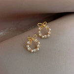 Load image into Gallery viewer, Round Wreath Bow Pearl Stud Earrings Elegant Trend Fashion Korean Women Jewelry Simple Pearl Stud Earrings Small Zircon Ear Clip

