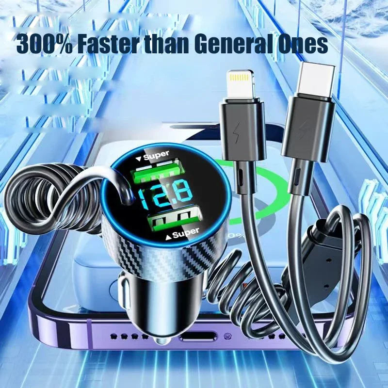 4 in 1 Dual Port USB Car Phone Charger Type C with Retractable Cable Super Fast Charging Adapter for iPhone Samsung OPPO Huawei