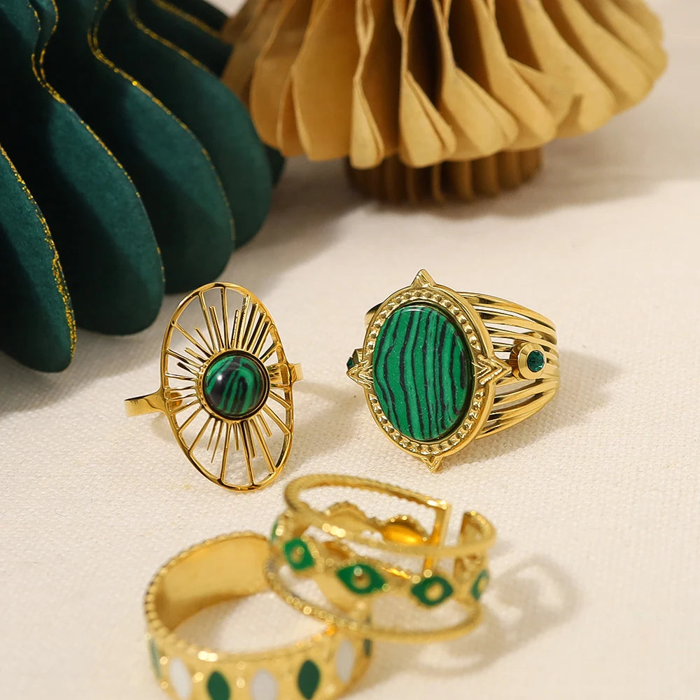 WILD & FREE 18K Gold Plated Vintage Stainless Steel Rings for Women Green Enamel Natural Stone Malachite Aesthetic Jewelry