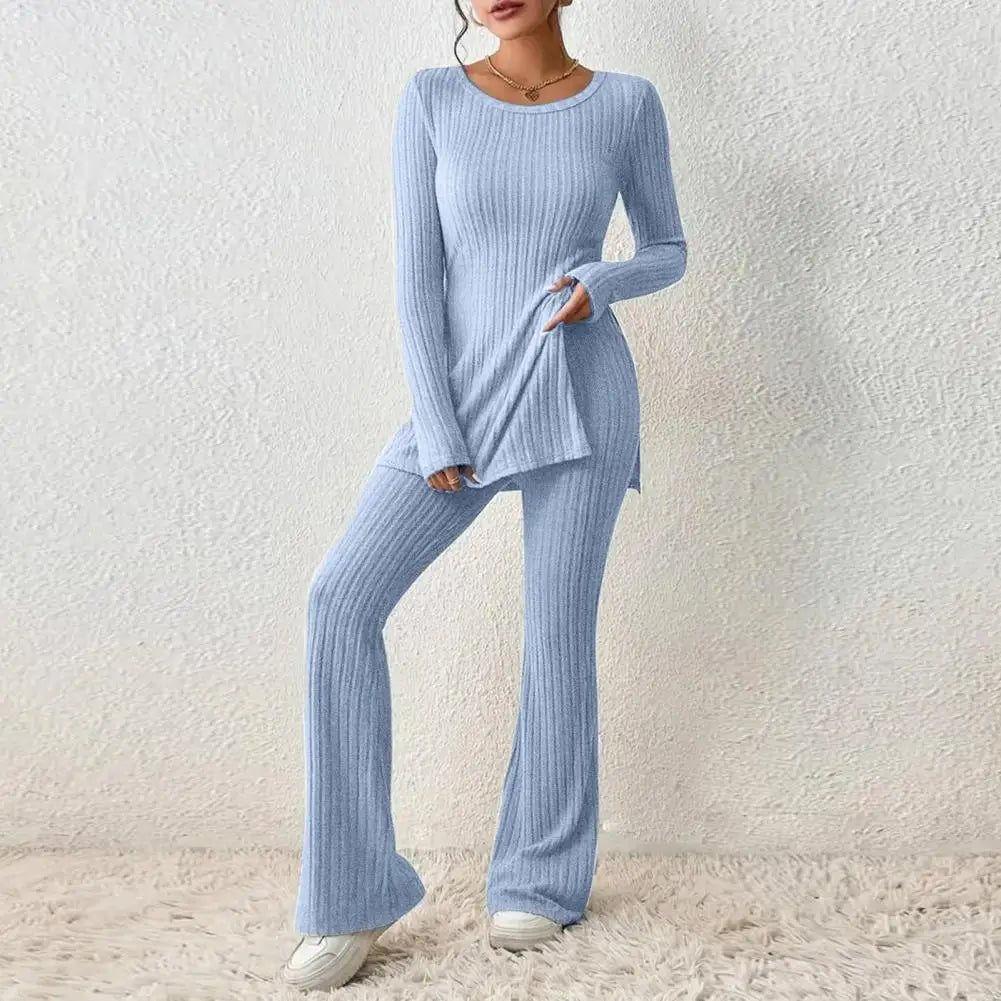 2023 Fall Winter Knitted 2 Piece Suits Women Long Sleeve Ribbed Slit Long Top and High Waist Pencil Pants Set Fashion Outfit