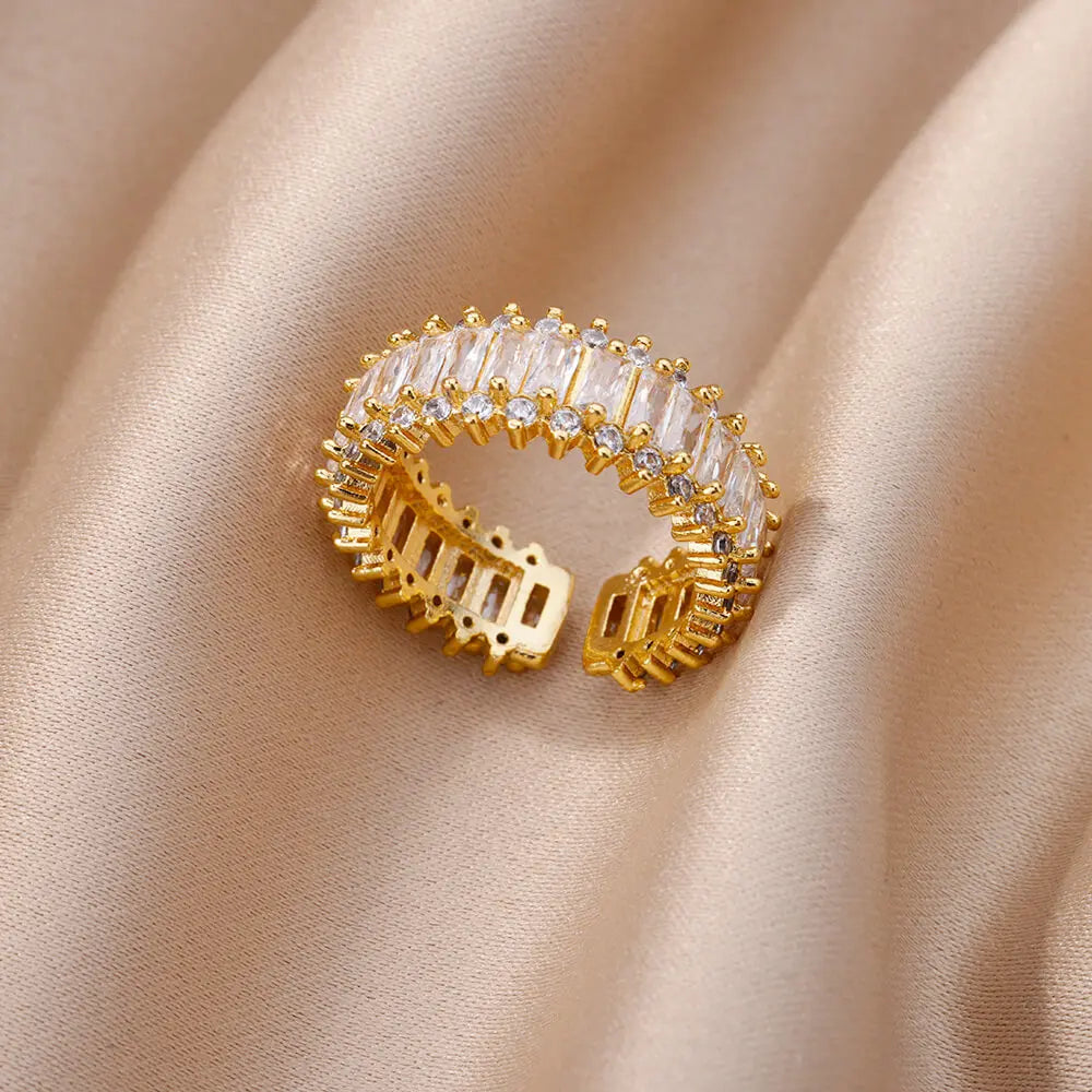 Fashion Luxury Zircon Charm Baguette Cubic Zirconia Wedding Rings For Women Gold Color Open Finger Ring Party Jewelry Gift