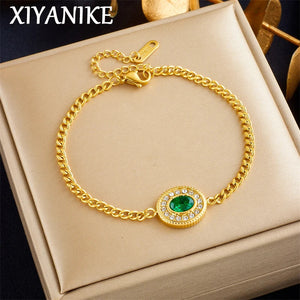 XIYANIKE 316L Stainless Steel 2023 New Gold Color Round Zircon Green Crystal Bracele For Women Halloween Exquisite Jewelry gifts