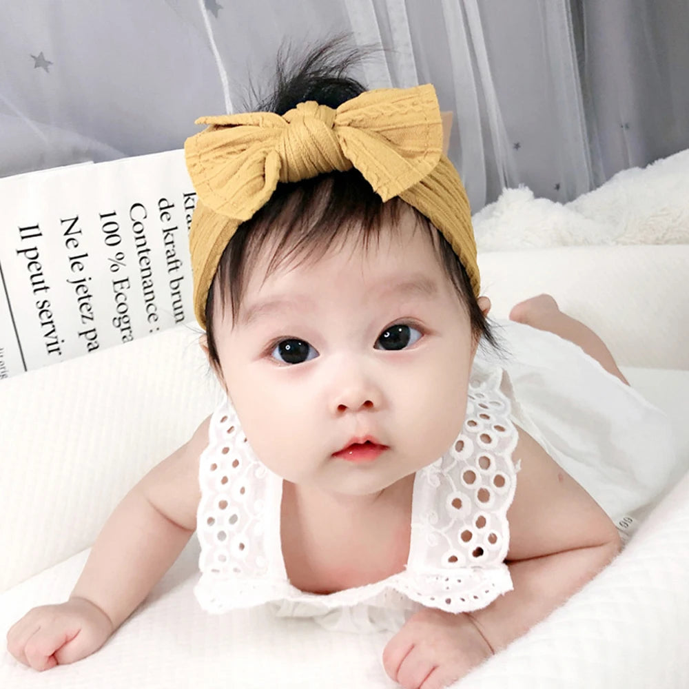 Solid Colors Cables Turban Kids Bows Headwear Headband For Baby Girls Newborn Soft Nylon Elastic Hair Bands Hair Accessories