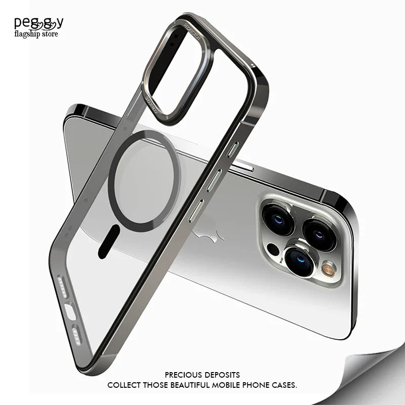 Aluminum alloy Frame Magnetic Phone Case For iPhone 15 ProMax 15Pro 15 For Megsafe Wireless Charge Transparent Metal Lens Cover