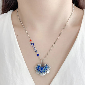 Original 925 Silver Faceted Blue Orchid Enamel Ruyi Necklace for Women Charms Exquisite Pendant Clavicle Chain Banquet Jewelry