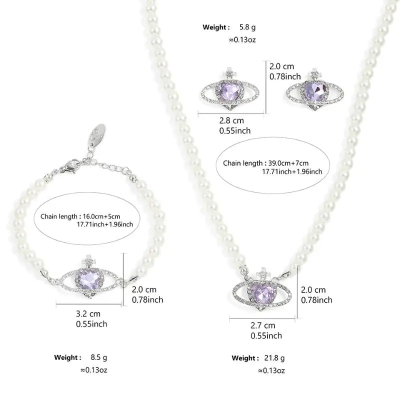 Luxury Purple Crystal Planet Heart Earrings Bracelet Necklace Set For Women Exquisite Imitation Pearl Wedding Bride Jewelry