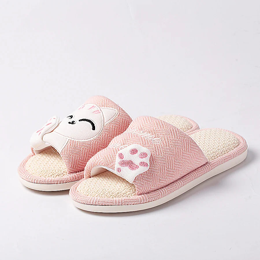 Cute Cat Platform Slippers Women Four Seasons New Linen Women's Thick Sandals Home Cartoon Slides Soft Non-slip Shoes 2024 New