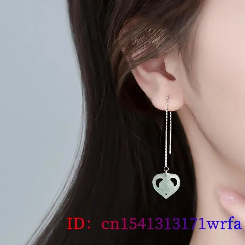 Burmese Jade Heart Earrings Gifts Fashion Designer Vintage Natural Real Charm Women Jewelry Charms 925 Silver Accessories Blue