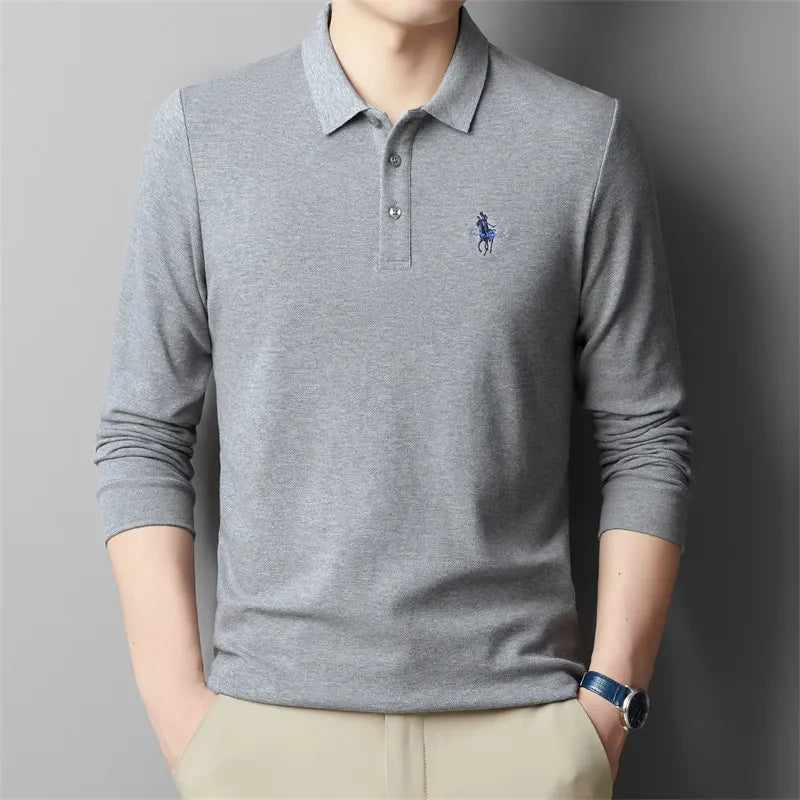 100% pure cotton long sleeved brand embroidered POLO shirt men's 2024 spring new trend T-shirt high-end comfortable casual top