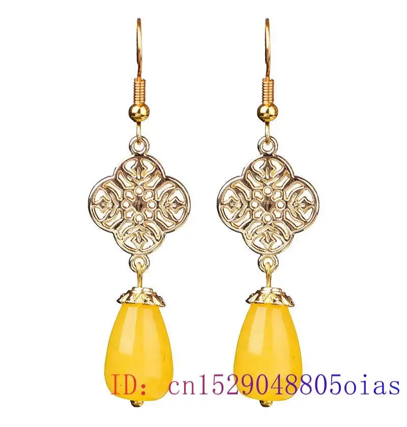 Yellow Jade Flower Earrings Natural Jewelry Gemstone Women Luxury Real Gemstones Talismans Accessories 925 Silver Amulet Carved