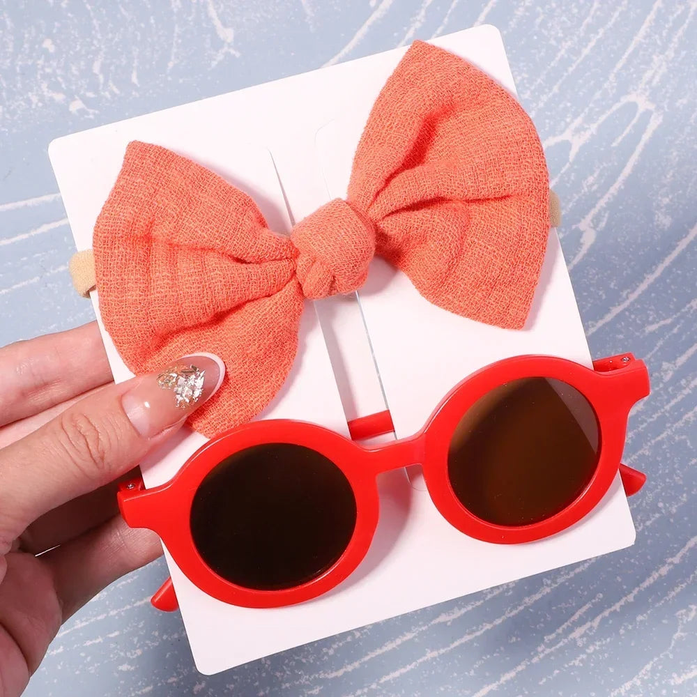 2Pcs/set Kids Summer Round Sunglasses Bows Headband Gift Sets Children Lovely Glasses Protection Hair Accessories for Girls