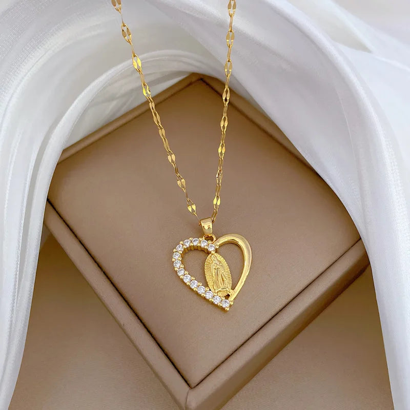 Stainless Steel Crystal Heart Virgin Mary Necklace for Women Amulet Gold Plated Necklace Religious Jewelry Our Lady of Aparecida