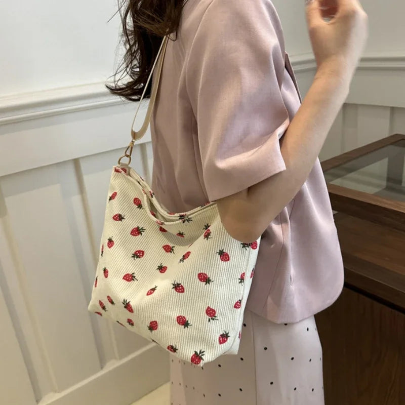 Classic Corduroy Strawberry Printing Shoulder Bag Removable Adjustable Strap Crossbody Bag Women Student Cute Fruit Tote Bag