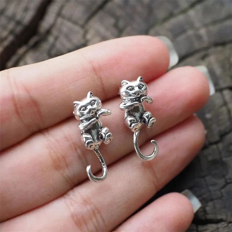 Vintage cute cat earring for women silver color gothic animal kitten fox frog stud earrings female girls charm jewelry gift