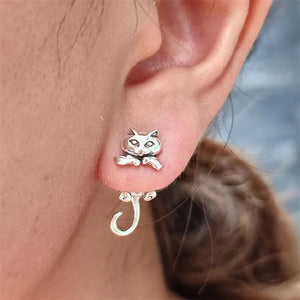 Vintage Cute Cat Earring For Women Silver Color Gothic Animal Kitten Fox Frog Stud Earrings Female Girls Charm Jewelry Gift