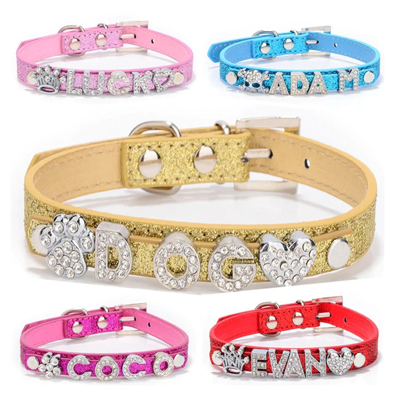 Personalized DIY Name Dog Collars Bling Pet Dog Collar With Diamond Buckle Puppy Cat Letters Charms For Teddy French Bulldog