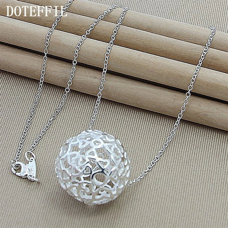 DOTEFFIL 925 Sterling Silver 18 Inch Chain Hollow Ball Love Heart Pendant Necklace For Woman Wedding Engagement Charm Jewelry