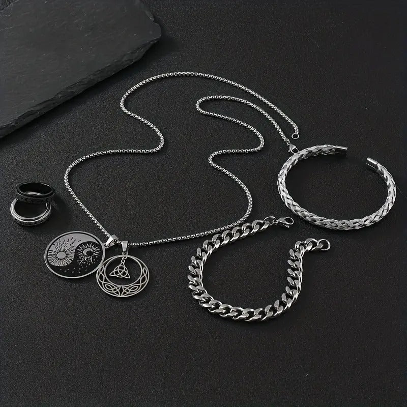 5pcs Men's Viking Fashion Stainless Steel Jewelry Set, Simple Open Bracelet Rings Necklace Jewelry For Men Women