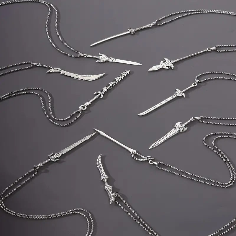 10pcs Punk Style Stainless Steel Sword Pendant Necklace, Fashion Pendant Necklace For Men
