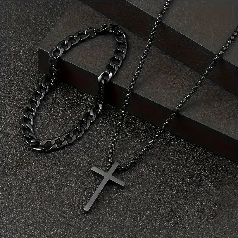 2pcs/set Fashion Stainless Steel Jewelry Set, Simple Cross Pendant Necklace + Bracelet Jewelry Set For Men