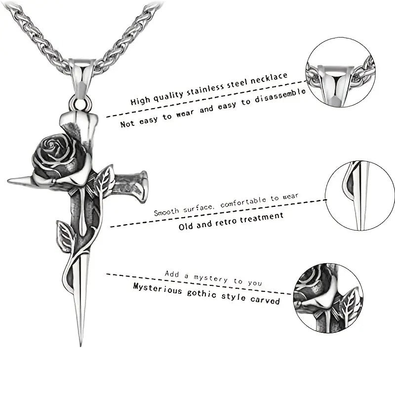 1pc Men's Titanium Steel Keel Chain Cross And Rose Pendant Necklace Vintage Nail Design Sweater Chain