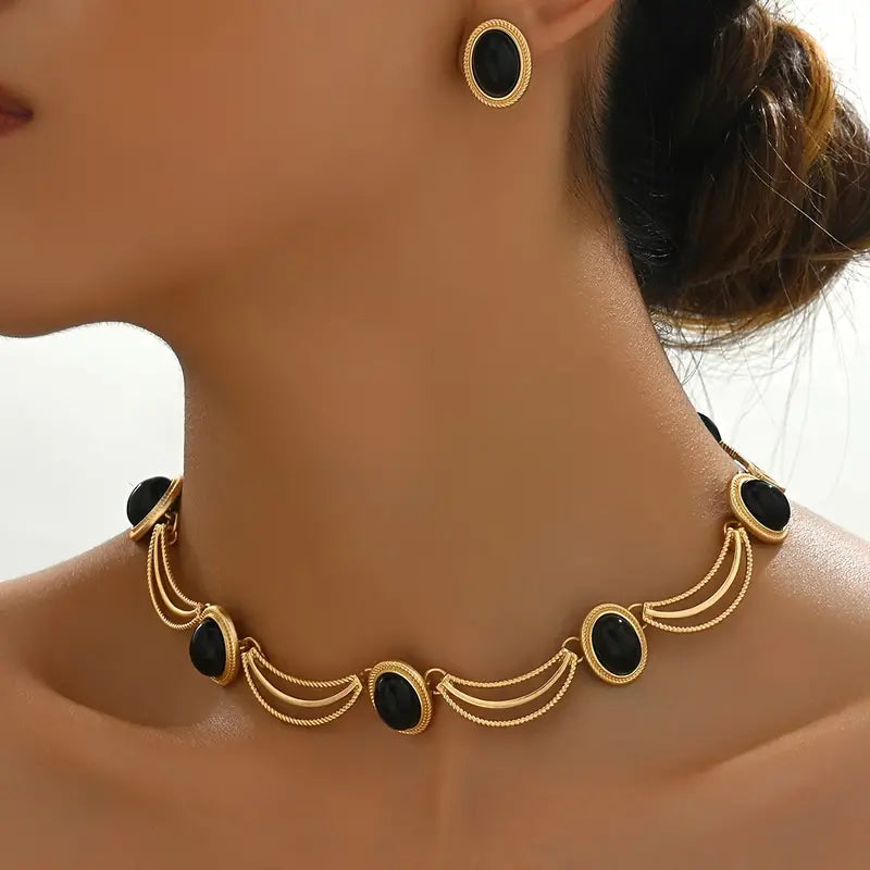 Vintage Style Black Oval Statement Necklace and Earrings Set - 14K Gold Plated, Glass Beads, Perfect for Parties and Everyday Wear