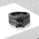 Load image into Gallery viewer, Fashion Couple Jewelry Lovers Rings Women's Black Zircon Engagement Ring Set Men's Stainless Steel Wedding Band Anniversary Gift
