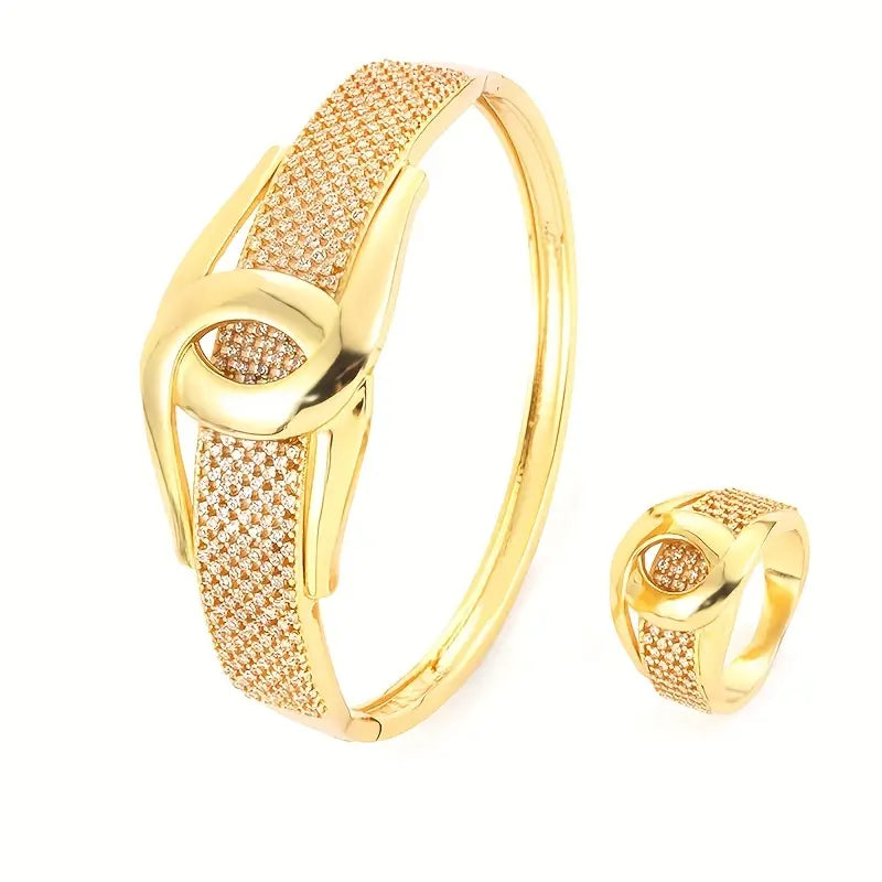 2-Piece Luxury X-Knot Bangle & Ring Set: Bright Zirconia on Durable Copper, Suitable for Daily Chic or Party Glamour, Bold in Silver or Gold