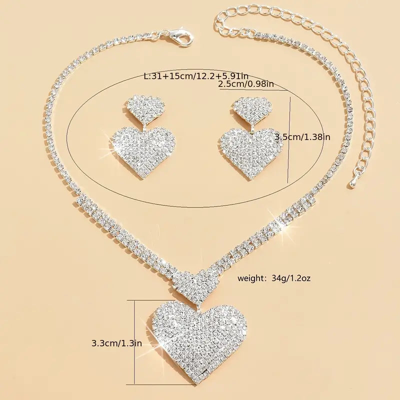 1 Pair Of Earrings + 1 Necklace Coquette Style Jewelry Set Trendy Heart Design Paved Shining Rhinestone Match Daily Outfits Party Accessories