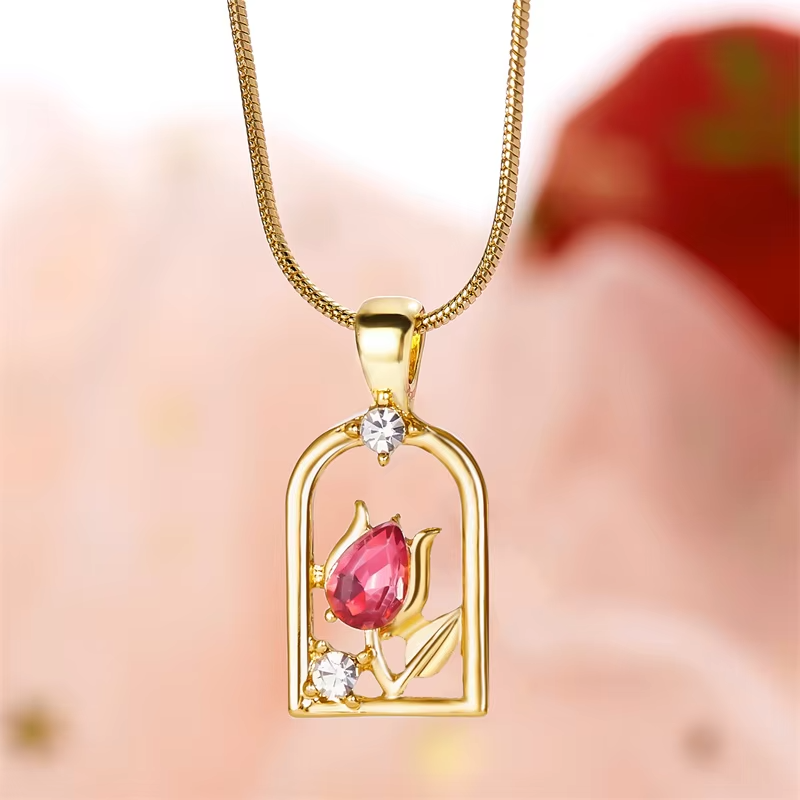 Vintage Elegant Tulip Pendant Necklace For Women Shiny Crystal Zircon Flower Clavicle Chain Choker Party Wedding Jewelry Gifts