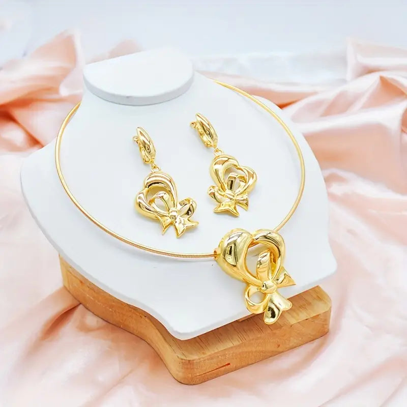 1 Pair Dangle Earrings +1 Pc Necklace With Pretty Bow Tie Pendant Copper 24K Plated Jewelry Set For Women Dating Wedding