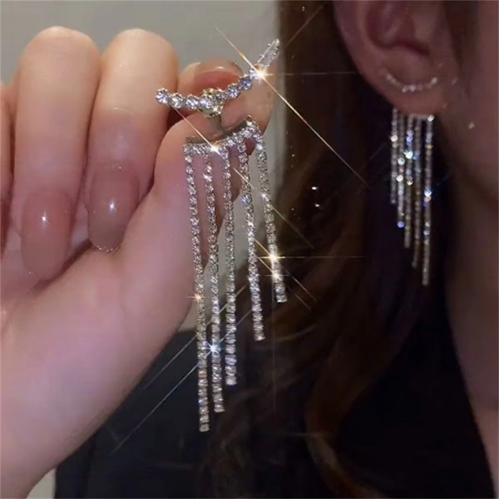 Korean Trendy Bow Crystal Drop Earrings For Women 2023 Luxury Sparkling Cubic Zirconia Long Tassel Earrings High Jewelry Gifts