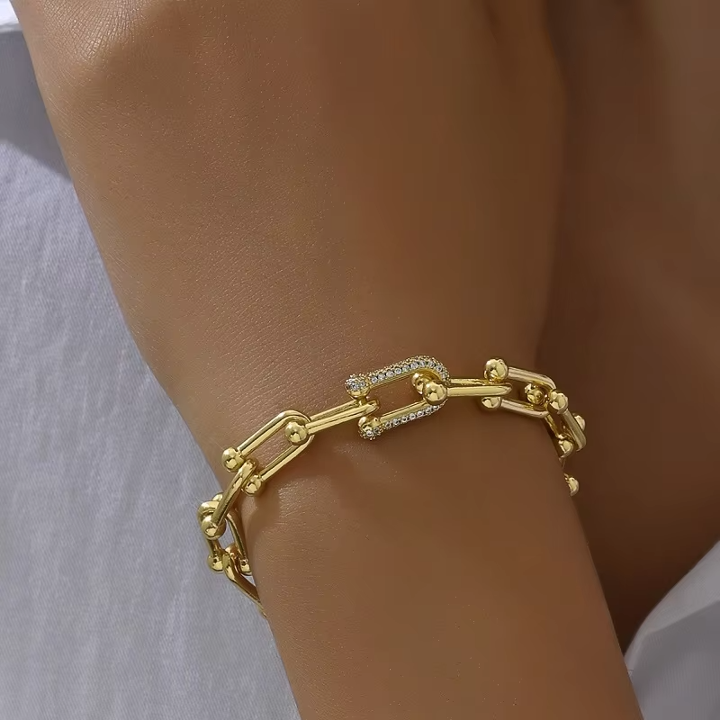 Punk Metal U-Shaped Bangle Bracelet for Women Trendy Crystal Zircon Chain Charm Bracelet Jewelry Party Gift Mujer