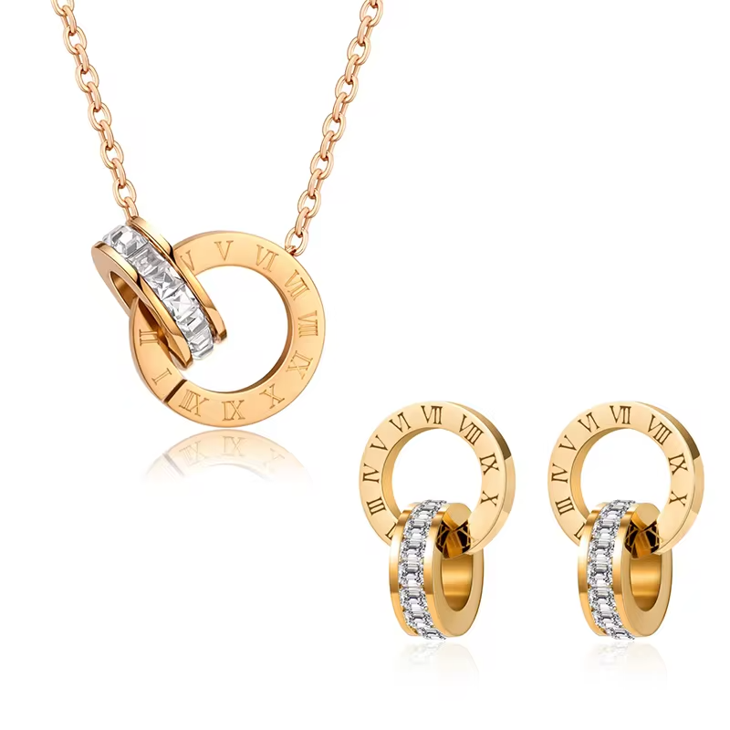 Classic Roman Numeral Crystal Stainless Steel Earrings Necklace for Women Luxury Elegant Fashion Wedding Party Jewelry Gift