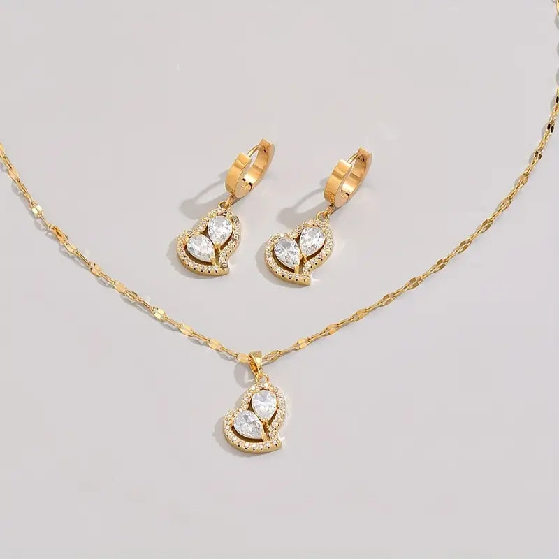 3pcs/set Golden Stainless Steel Cubic Zirconia Gold-plated, Heart Shape Faux Diamond, Earrings Necklace Jewelry Set For Men