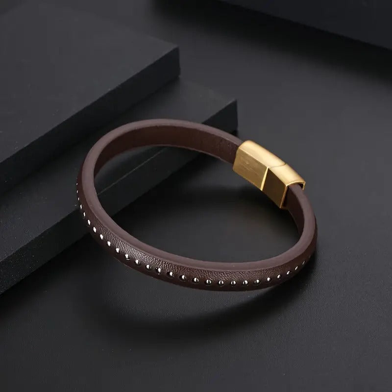1pc Stainless Steel Buckle Brown Leather Bangle
