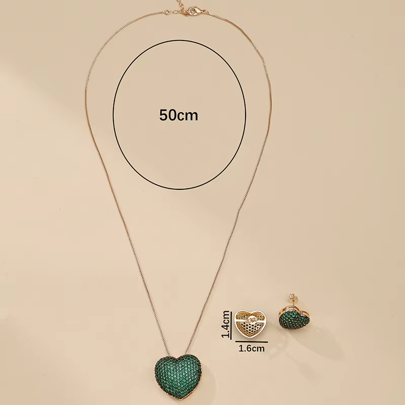 Obega Classic Trendy Green Cubic Zirconia Heart Shape Pendant Necklace and Earrings CZ Jewelry Sets for Women Gift