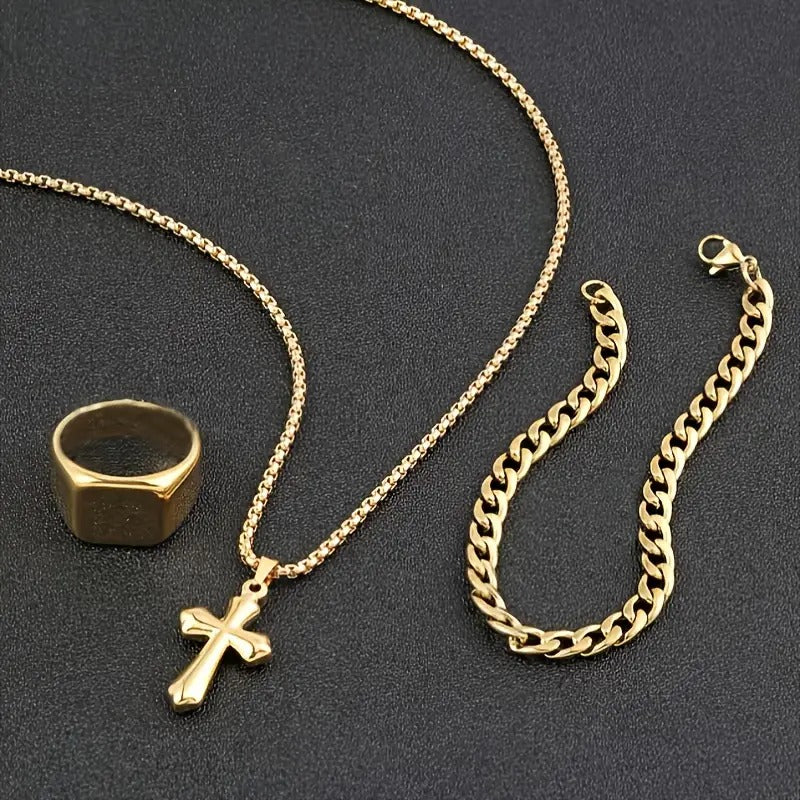 3pcs Men's Fashion Stainless Steel Cross Pendant Necklace + Bracelet + Ring Jewelry Set, Suitable For Daily Wear