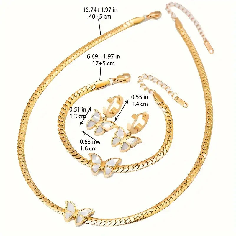 Butterfly Jewelry Set Stainless Steel Shell 18K Plated Bracelet Necklace And Earrings Set Snake Bone Chain Necklace Jewelry For Party And Banquet Wearing