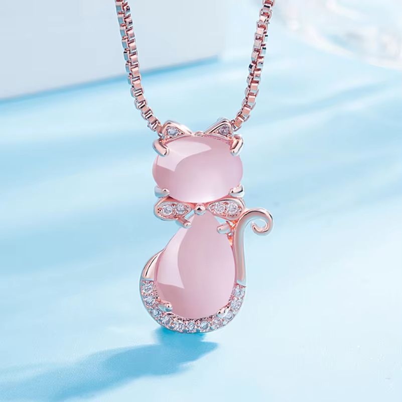 Fashion Cute Pink Cat Eye Necklace Women Pendant Necklace Elegant Romantic Necklace Casual Daily Jewelry Gift