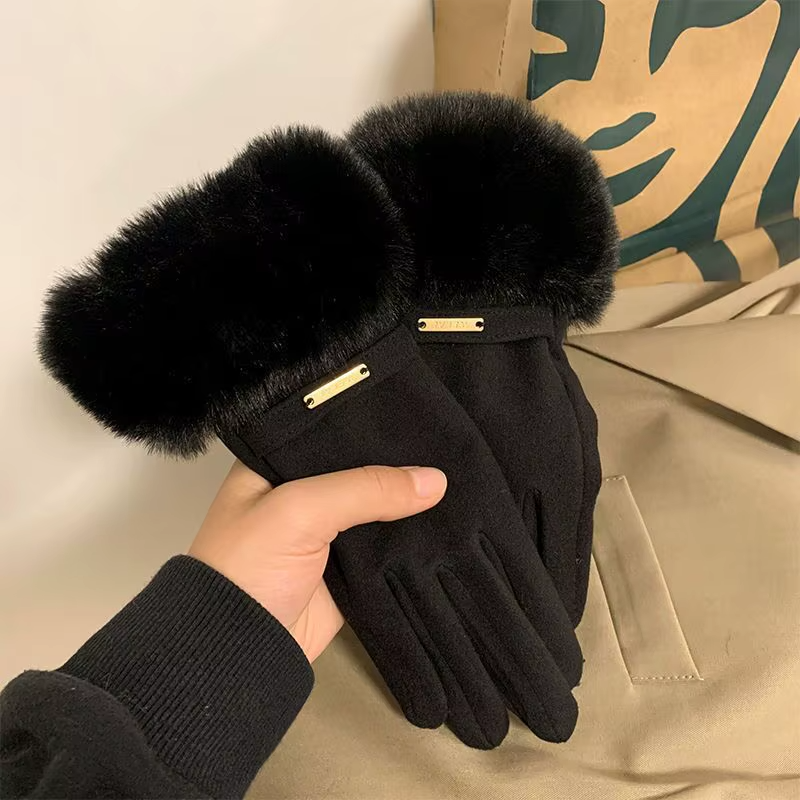 Winter Women Keep Warm Plus Velvet Touch Screen Thicken Plush Wrist Suede Gloves